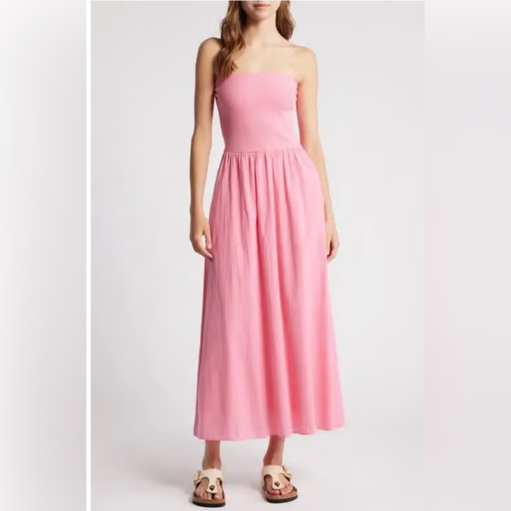 XIRENA Strapless Cotton Maxi Dress with Pockets in Rose Pink Brand NWT! Size XS